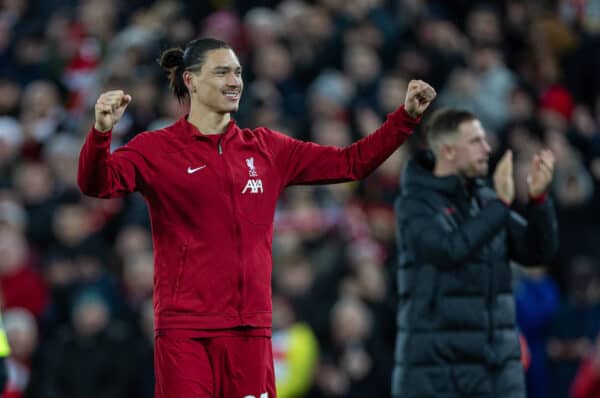 LIVERPOOL, ENGLAND - Sunday, March 5, 2023: Liverpool's Darwin Núñez celebrates after demolishing Manchester United 7-0 during the FA Premier League match between Liverpool FC and Manchester United FC at Anfield. (Pic by David Rawcliffe/Propaganda)