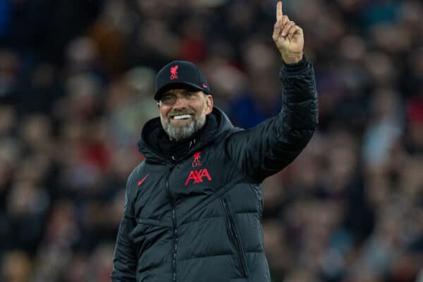 LIVERPOOL, ENGLAND - Sunday, March 5, 2023: Liverpool's manager Jürgen Klopp celebrates after demolishing Manchester United 7-0 during the FA Premier League match between Liverpool FC and Manchester United FC at Anfield. (Pic by David Rawcliffe/Propaganda)