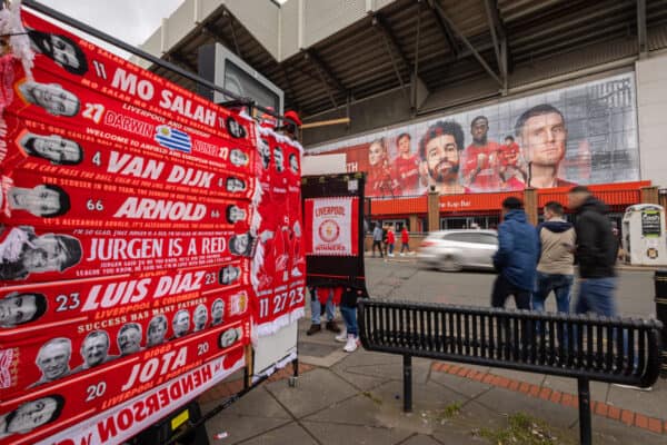 LIVERPOOL, ENGLAND - Sunday, March 5, 2023: Scarves on sale outside Anfield ahead of the FA Premier League match between Liverpool FC and Manchester United FC. Anfield General (Pic by David Rawcliffe/Propaganda)