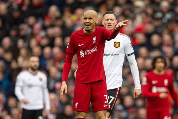 LIVERPOOL, ENGLAND - Sunday, March 5, 2023: Liverpool's Fabio Henrique Tavares 'Fabinho' (L) and Manchester United's Wout Weghorst during the FA Premier League match between Liverpool FC and Manchester United FC at Anfield. (Pic by David Rawcliffe/Propaganda)