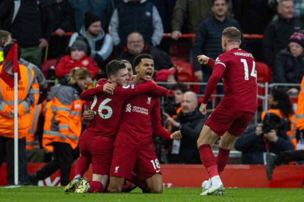 LIVERPOOL, ENGLAND - Sunday, March 5, 2023: Liverpool's Cody Gakpo celebrates after scoring the opening goal during the FA Premier League match between Liverpool FC and Manchester United FC at Anfield. (Pic by David Rawcliffe/Propaganda)