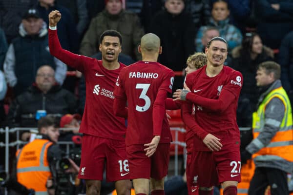 LIVERPOOL, ENGLAND - Sunday, March 5, 2023: Liverpool's Cody Gakpo celebrates after scoring the opening goal during the FA Premier League match between Liverpool FC and Manchester United FC at Anfield. (Pic by David Rawcliffe/Propaganda)