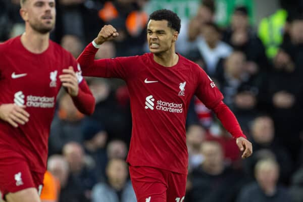 LIVERPOOL, ENGLAND - Sunday, March 5, 2023: Liverpool's Cody Gakpo celebrates after scoring the opening goal during the FA Premier League match between Liverpool FC and Manchester United FC at Anfield. (Pic by David Rawcliffe/Propaganda)