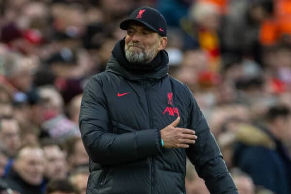 LIVERPOOL, ENGLAND - Sunday, March 5, 2023: Liverpool's manager Jürgen Klopp during the FA Premier League match between Liverpool FC and Manchester United FC at Anfield. (Pic by David Rawcliffe/Propaganda)