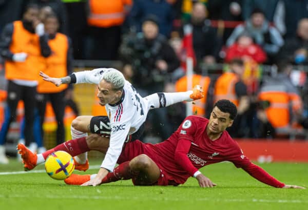 LIVERPOOL, ENGLAND - Sunday, March 5, 2023: Manchester United's Antony Matheus dos Santos (L) is challenged by Liverpool's Cody Gakpo during the FA Premier League match between Liverpool FC and Manchester United FC at Anfield. (Pic by David Rawcliffe/Propaganda)