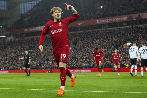 LIVERPOOL, ENGLAND - Sunday, March 5, 2023: Liverpool's Harvey Elliott celebrates after setting-up the second goal during the FA Premier League match between Liverpool FC and Manchester United FC at Anfield. (Pic by David Rawcliffe/Propaganda)