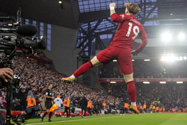 LIVERPOOL, ENGLAND - Sunday, March 5, 2023: Liverpool's Harvey Elliott celebrates after setting-up the second goal during the FA Premier League match between Liverpool FC and Manchester United FC at Anfield. (Pic by David Rawcliffe/Propaganda)