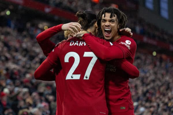 LIVERPOOL, ENGLAND - Sunday, March 5, 2023: Liverpool's Darwin Núñez (C) celebrates after scoring the second goal with team-mate Trent Alexander-Arnold (R) during the FA Premier League match between Liverpool FC and Manchester United FC at Anfield. (Pic by David Rawcliffe/Propaganda)