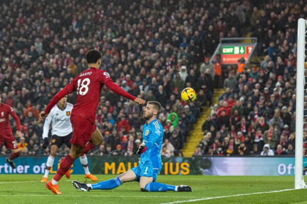 LIVERPOOL, ENGLAND - Sunday, March 5, 2023: Liverpool's Cody Gakpo scores the third goal during the FA Premier League match between Liverpool FC and Manchester United FC at Anfield. (Pic by David Rawcliffe/Propaganda)