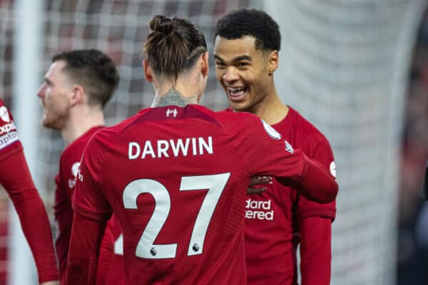 LIVERPOOL, ENGLAND - Sunday, March 5, 2023: Liverpool's Cody Gakpo (R) celebrates after scoring the third goal during the FA Premier League match between Liverpool FC and Manchester United FC at Anfield. (Pic by David Rawcliffe/Propaganda)