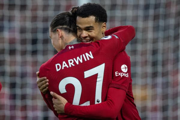 LIVERPOOL, ENGLAND - Sunday, March 5, 2023: Liverpool's Cody Gakpo (R) celebrates after scoring the third goal during the FA Premier League match between Liverpool FC and Manchester United FC at Anfield. (Pic by David Rawcliffe/Propaganda)