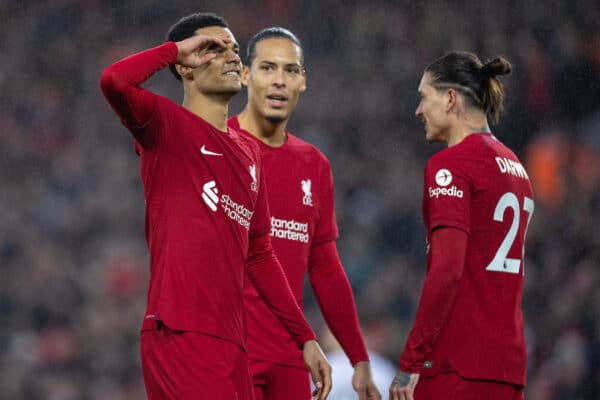 LIVERPOOL, ENGLAND - Sunday, March 5, 2023: Liverpool's Cody Gakpo (L) celebrates after scoring the third goal during the FA Premier League match between Liverpool FC and Manchester United FC at Anfield. (Pic by David Rawcliffe/Propaganda)