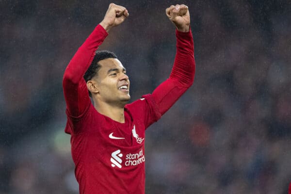 LIVERPOOL, ENGLAND - Sunday, March 5, 2023: Liverpool's Cody Gakpo celebrates after scoring the third goal during the FA Premier League match between Liverpool FC and Manchester United FC at Anfield. (Pic by David Rawcliffe/Propaganda)