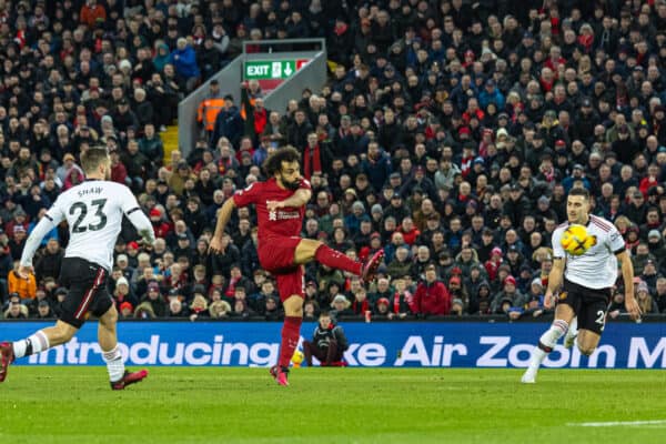 LIVERPOOL, ENGLAND - Sunday, March 5, 2023: Liverpool's Mohamed Salah scores the fourth goal during the FA Premier League match between Liverpool FC and Manchester United FC at Anfield. (Pic by David Rawcliffe/Propaganda)