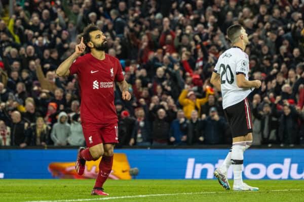 LIVERPOOL, ENGLAND - Sunday, March 5, 2023: Liverpool's Mohamed Salah celebrates after scoring the fourth goal during the FA Premier League match between Liverpool FC and Manchester United FC at Anfield. (Pic by David Rawcliffe/Propaganda)