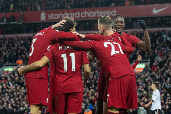 LIVERPOOL, ENGLAND - Sunday, March 5, 2023: Liverpool's Mohamed Salah celebrates after scoring the fourth goal during the FA Premier League match between Liverpool FC and Manchester United FC at Anfield. (Pic by David Rawcliffe/Propaganda)