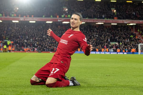 LIVERPOOL, ENGLAND - Sunday, March 5, 2023: Liverpool's Darwin Núñez celebrates after scoring the fifth goal during the FA Premier League match between Liverpool FC and Manchester United FC at Anfield. (Pic by David Rawcliffe/Propaganda)