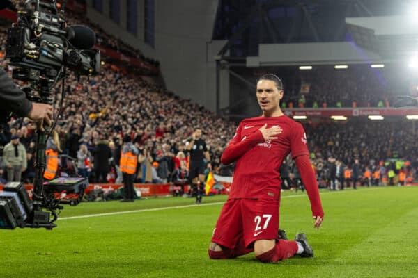 LIVERPOOL, ENGLAND - Sunday, March 5, 2023: Liverpool's Darwin Núñez celebrates after scoring the fifth goal during the FA Premier League match between Liverpool FC and Manchester United FC at Anfield. (Pic by David Rawcliffe/Propaganda)