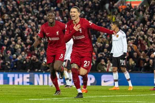 LIVERPOOL, ENGLAND - Sunday, March 5, 2023: Liverpool's Darwin Núñez celebrates after scoring the fifth goal during the FA Premier League match between Liverpool FC and Manchester United FC at Anfield. (Pic by David Rawcliffe/Propaganda)