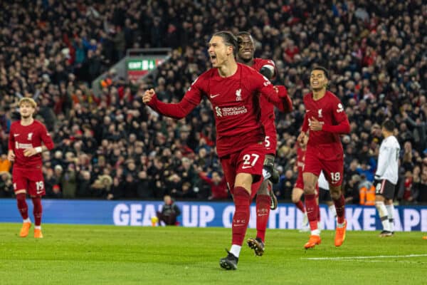 LIVERPOOL, ENGLAND - Sunday, March 5, 2023: Liverpool's Darwin Núñez celebrates after scoring the fifth goal during the FA Premier League match between Liverpool FC and Manchester United FC at Anfield. (Pic by David Rawcliffe/Propaganda)