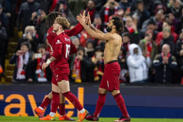 LIVERPOOL, ENGLAND - Sunday 5 March 2023: Liverpool's Mohamed Salah celebrates after scoring the sixth goal during the FA Premier League game between Liverpool FC and Manchester United FC at Anfield.  (Image by David Rawcliffe/Propaganda)