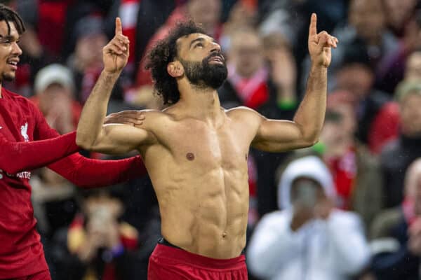 LIVERPOOL, ENGLAND - Sunday, March 5, 2023: Liverpool's Mohamed Salah celebrates after scoring the sixth goal during the FA Premier League match between Liverpool FC and Manchester United FC at Anfield. (Pic by David Rawcliffe/Propaganda)