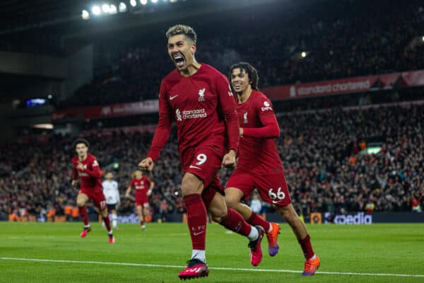 LIVERPOOL, ENGLAND - Sunday, March 5, 2023: Liverpool's Roberto Firmino celebrates after scoring the seventh goal during the FA Premier League match between Liverpool FC and Manchester United FC at Anfield. (Pic by David Rawcliffe/Propaganda)