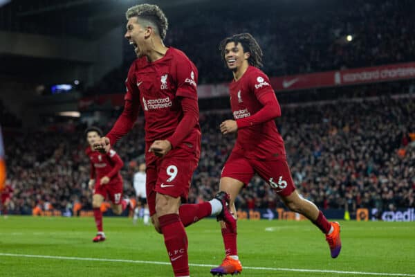 LIVERPOOL, ENGLAND - Sunday, March 5, 2023: Liverpool's Roberto Firmino celebrates after scoring the seventh goal during the FA Premier League match between Liverpool FC and Manchester United FC at Anfield. (Pic by David Rawcliffe/Propaganda)