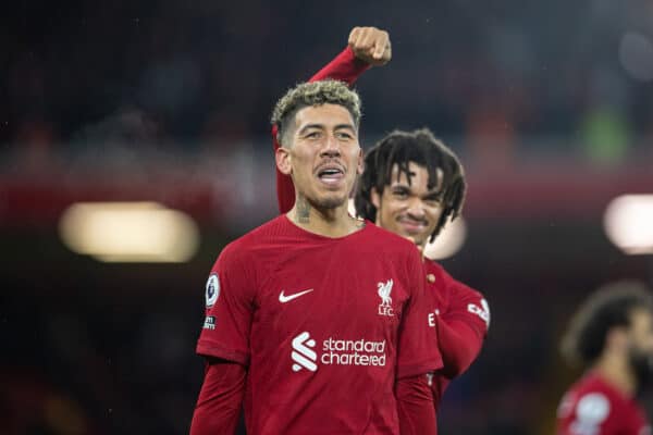 LIVERPOOL, ENGLAND - Sunday, March 5, 2023: Liverpool's Roberto Firmino celebrates after scoring the seventh goal during the FA Premier League match between Liverpool FC and Manchester United FC at Anfield. (Pic by David Rawcliffe/Propaganda)