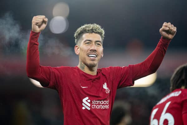 LIVERPOOL, ENGLAND - Sunday, March 5, 2023: Liverpool's Roberto Firmino celebrates after scoring the seventh goal during the FA Premier League match between Liverpool FC and Manchester United FC at Anfield. (Pic by David Rawcliffe/Propaganda)
