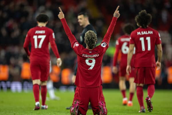 LIVERPOOL, ENGLAND - Sunday, March 5, 2023: Liverpool's Roberto Firmino celebrates after scoring the seventh goal during the FA Premier League match between Liverpool FC and Manchester United FC at Anfield. (Pic by David Rawcliffe/Propaganda)