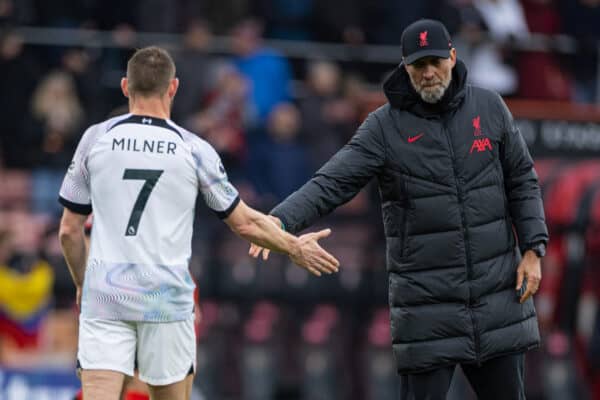 BOURNEMOUTH, ENGLAND - Saturday, March 11, 2023: Liverpool's manager Jürgen Klopp and James Milner (L) after the FA Premier League match between AFC Bournemouth and Liverpool FC at the Vitality Stadium. Bournemouth won 1-0. (Pic by David Rawcliffe/Propaganda)