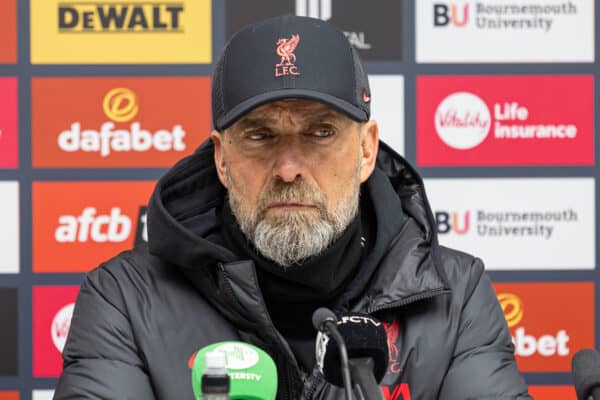 BOURNEMOUTH, ENGLAND - Saturday, March 11, 2023: Liverpool's manager Jürgen Klopp during a post-match press conference after the FA Premier League match between AFC Bournemouth and Liverpool FC at the Vitality Stadium. Bournemouth won 1-0. (Pic by David Rawcliffe/Propaganda)