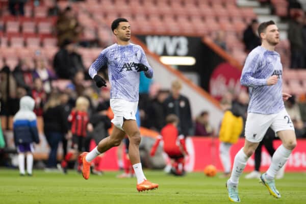 BOURNEMOUTH, ENGLAND - Saturday, March 11, 2023: Liverpool's Cody Gakpo during the pre-match warm-up before the FA Premier League match between AFC Bournemouth and Liverpool FC at the Vitality Stadium. (Pic by David Rawcliffe/Propaganda)