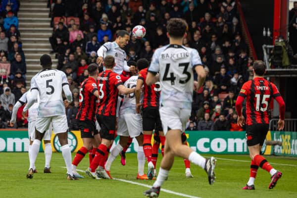 BOURNEMOUTH, ENGLAND - Saturday, March 11, 2023: Liverpool's Virgil van Dijk sees his header cleared off the line during the FA Premier League match between AFC Bournemouth and Liverpool FC at the Vitality Stadium. (Pic by David Rawcliffe/Propaganda)