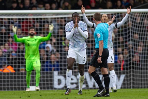 BOURNEMOUTH, ENGLAND - Saturday, March 11, 2023: Liverpool's Ibrahima Konaté reacts as referee John Brooks awards a free-kick during the FA Premier League match between AFC Bournemouth and Liverpool FC at the Vitality Stadium. (Pic by David Rawcliffe/Propaganda)