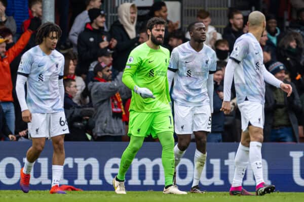 BOURNEMOUTH, ENGLAND - Saturday, March 11, 2023: Liverpool's goalkeeper Alisson Becker (C) looks dejected as Bournemouth score the opening goal during the FA Premier League match between AFC Bournemouth and Liverpool FC at the Vitality Stadium. (Pic by David Rawcliffe/Propaganda)