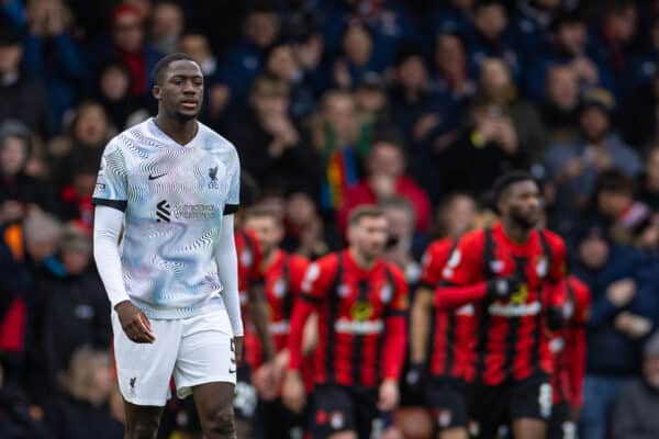 BOURNEMOUTH, ENGLAND - Saturday, March 11, 2023: Liverpool's Ibrahima Konaté looks dejected as Bournemouth score the opening goal during the FA Premier League match between AFC Bournemouth and Liverpool FC at the Vitality Stadium. (Pic by David Rawcliffe/Propaganda)