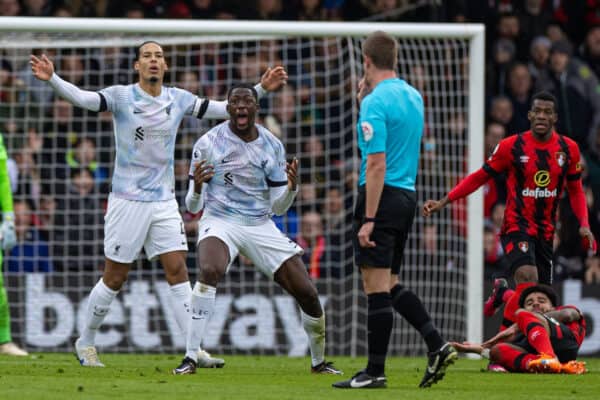 BOURNEMOUTH, ENGLAND - Saturday, March 11, 2023: Liverpool's Ibrahima Konaté reacts as referee John Brooks awards a free-kick during the FA Premier League match between AFC Bournemouth and Liverpool FC at the Vitality Stadium. (Pic by David Rawcliffe/Propaganda)