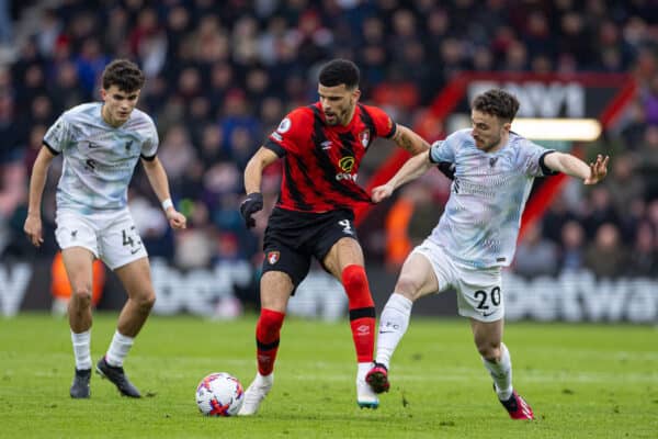 BOURNEMOUTH, ENGLAND - Saturday, March 11, 2023: Bournemouth's Dominic Solanke (C) is challenged by Liverpool's Diogo Jota (R) during the FA Premier League match between AFC Bournemouth and Liverpool FC at the Vitality Stadium. (Pic by David Rawcliffe/Propaganda)