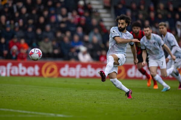 BOURNEMOUTH, ENGLAND - Saturday, March 11, 2023: Liverpool's Mohamed Salah spends his penalty kick wide during the FA Premier League match between AFC Bournemouth and Liverpool FC at the Vitality Stadium. (Pic by David Rawcliffe/Propaganda)