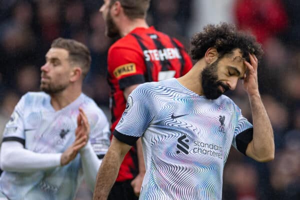 BOURNEMOUTH, ENGLAND - Saturday, March 11, 2023: Liverpool's Mohamed Salah looks dejected after missing a penalty kick wide during the FA Premier League match between AFC Bournemouth and Liverpool FC at the Vitality Stadium. (Pic by David Rawcliffe/Propaganda)