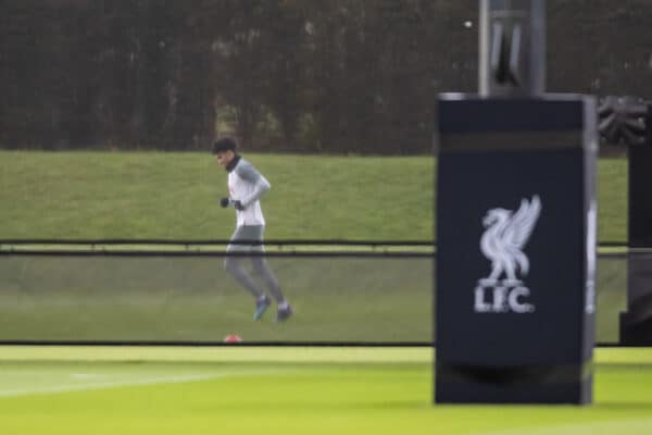 LIVERPOOL, ENGLAND - Tuesday, March 14, 2023: Liverpool's Luis Diaz trains on his own before a training session at the AXA Training Centre ahead of the UEFA Champions League Round of 16 2nd Leg game between Liverpool FC and Real Madrid CF. (Pic by Jessica Hornby/Propaganda)
