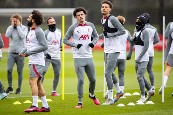 LIVERPOOL, ENGLAND - Tuesday, March 14, 2023: Liverpool's Curtis Jones during a training session at the AXA Training Centre ahead of the UEFA Champions League Round of 16 2nd Leg game between Liverpool FC and Real Madrid CF. (Pic by Jessica Hornby/Propaganda)