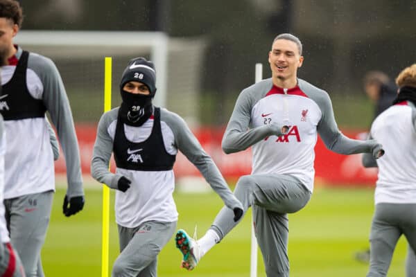 LIVERPOOL, ENGLAND - Tuesday, March 14, 2023: Liverpool's Darwin Nunez during a training session at the AXA Training Centre ahead of the UEFA Champions League Round of 16 2nd Leg game between Liverpool FC and Real Madrid CF. (Pic by Jessica Hornby/Propaganda)