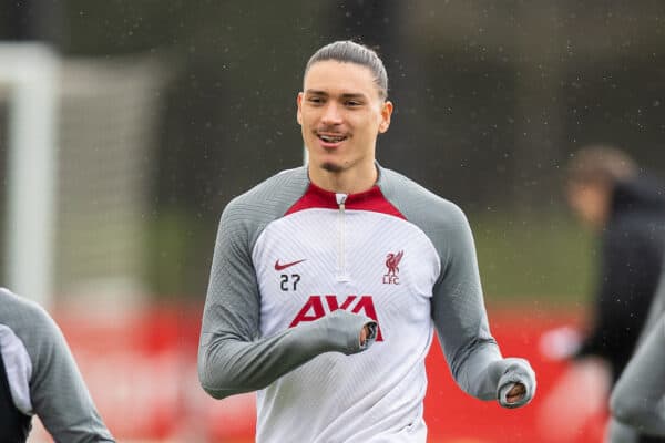 LIVERPOOL, ENGLAND - Tuesday, March 14, 2023: Liverpool's Darwin Nunez during a training session at the AXA Training Centre ahead of the UEFA Champions League Round of 16 2nd Leg game between Liverpool FC and Real Madrid CF. (Pic by Jessica Hornby/Propaganda)