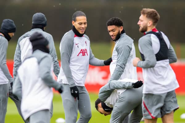 LIVERPOOL, ENGLAND - Tuesday, March 14, 2023: Liverpool's Virgil van Dijk (L) and Joe Gomez during a training session at the AXA Training Centre ahead of the UEFA Champions League Round of 16 2nd Leg game between Liverpool FC and Real Madrid CF. (Pic by Jessica Hornby/Propaganda)