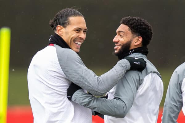 LIVERPOOL, ENGLAND - Tuesday, March 14, 2023: Liverpool's Virgil van Dijk (L) and Joe Gomez during a training session at the AXA Training Centre ahead of the UEFA Champions League Round of 16 2nd Leg game between Liverpool FC and Real Madrid CF. (Pic by Jessica Hornby/Propaganda)