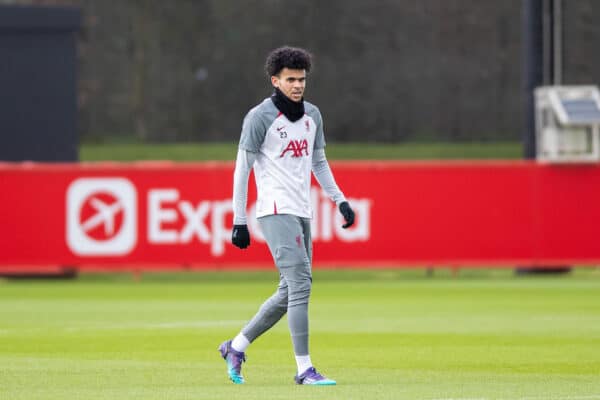 LIVERPOOL, ENGLAND - Tuesday, March 14, 2023: Liverpool's Luis Diaz trains on his own before the training session at the AXA Training Centre ahead of the UEFA Champions League Round of 16 2nd Leg game between Liverpool FC and Real Madrid CF. (Pic by Jessica Hornby/Propaganda)