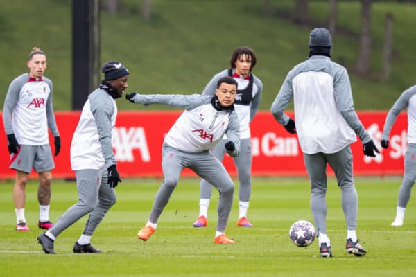 LIVERPOOL, ENGLAND - Tuesday, March 14, 2023: Liverpool's Cody Gakpo (C) during a training session at the AXA Training Centre ahead of the UEFA Champions League Round of 16 2nd Leg game between Liverpool FC and Real Madrid CF. (Pic by Jessica Hornby/Propaganda)